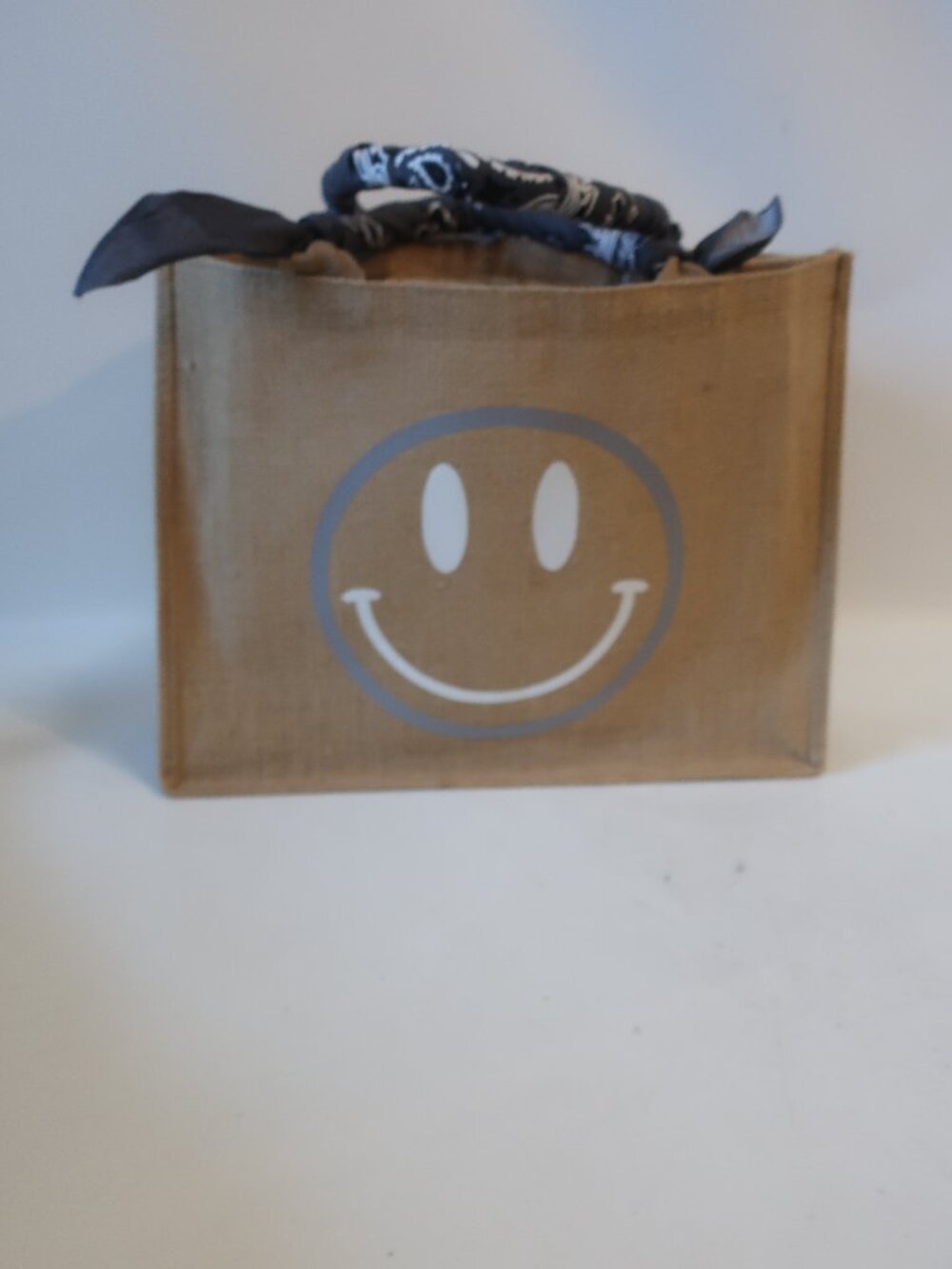 NWT Womens Tina Demel Jute Beige, Gray, White Smiley Face Bandana Tote Bag